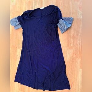 Navy Dress with Striped Sleeves